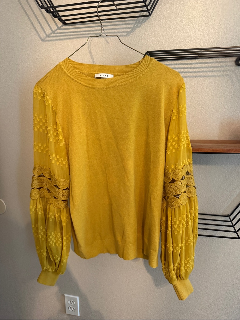 Sioni Yellow Lace-Embroidered Balloon Sleeve Sweater